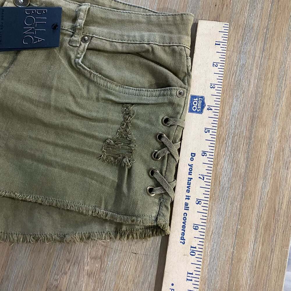 Billabong Lace-Up Distressed Frayed Hem Olive Denim Shorts Grunge - Picture 5 of 6